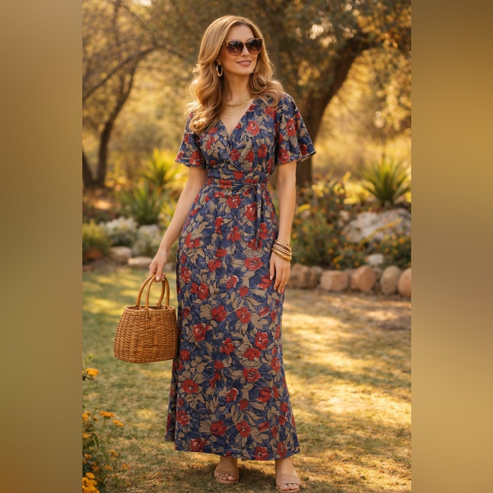 NEW CITY Woman’s VINTAGE Flutter Sleeve V-neck Maxi Floral Dress 6